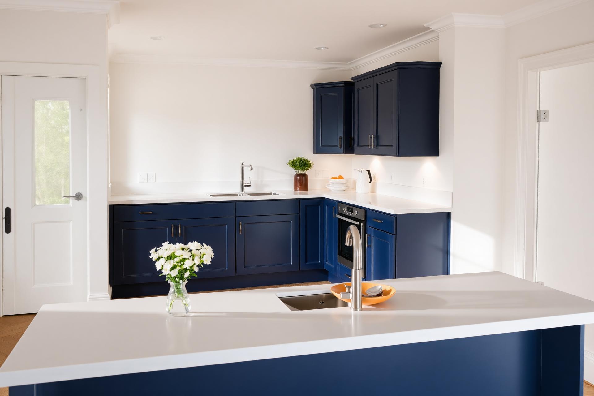 Modern kitchen with painted navy cabinets by Brampton drywall and painting team